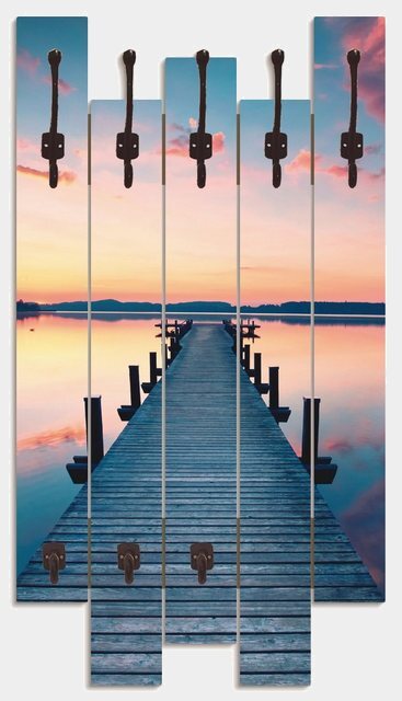 Artland Garderobenpaneel »Langer Pier am See im Sonnenaufgang«, platzsparende Wandgarderobe aus Holz mit 8 Haken, geeignet für kleinen, schmalen Flur, Flurgarderobe-Garderoben-Inspirationen