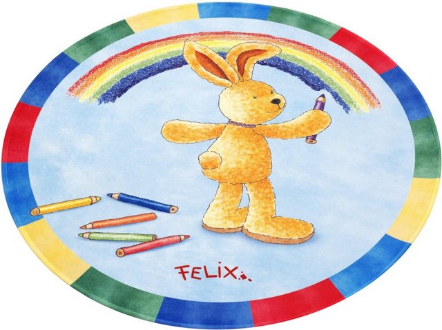 Kinderteppich »FE-412 Regenbogen«, Felix der Hase, rund, Höhe 6 mm, Stoff Druck, weiche Mircofaser, Kinderzimmer-Teppiche-Inspirationen