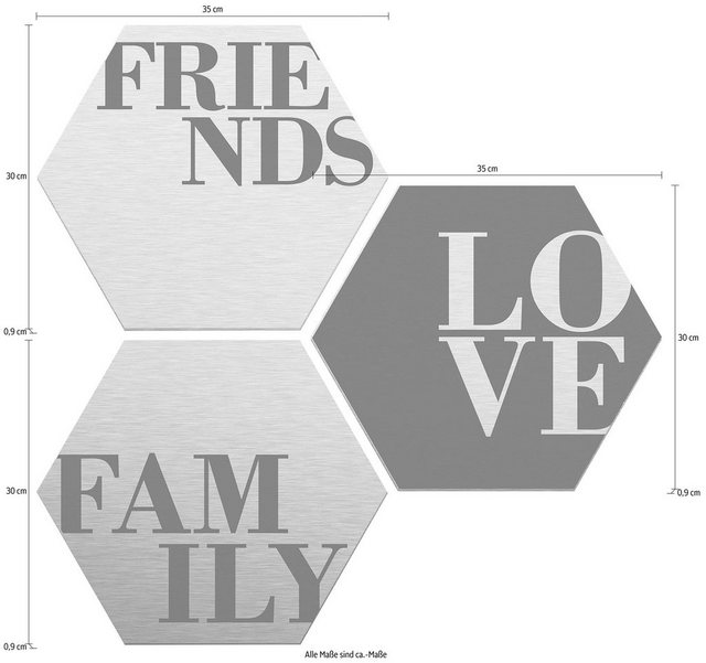 Wall-Art Alu-Dibond-Druck »Love, Friends, Family«, (Set)-Bilder-Inspirationen