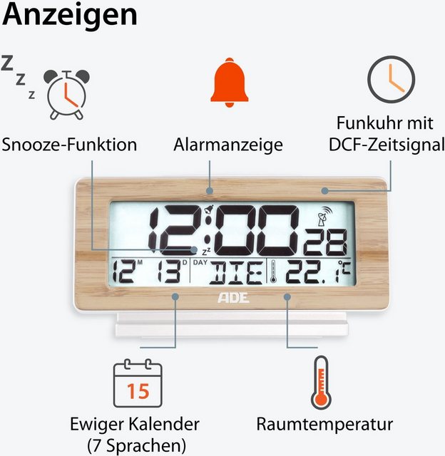 ADE Funkwecker »CK1940« digitaler Funk-Wecker, Bambus-Uhr mit Temperatur- und Wochentag-Anzeige und weißer Display-Beleuchtung, optimal als Tischuhr-Uhren-Inspirationen