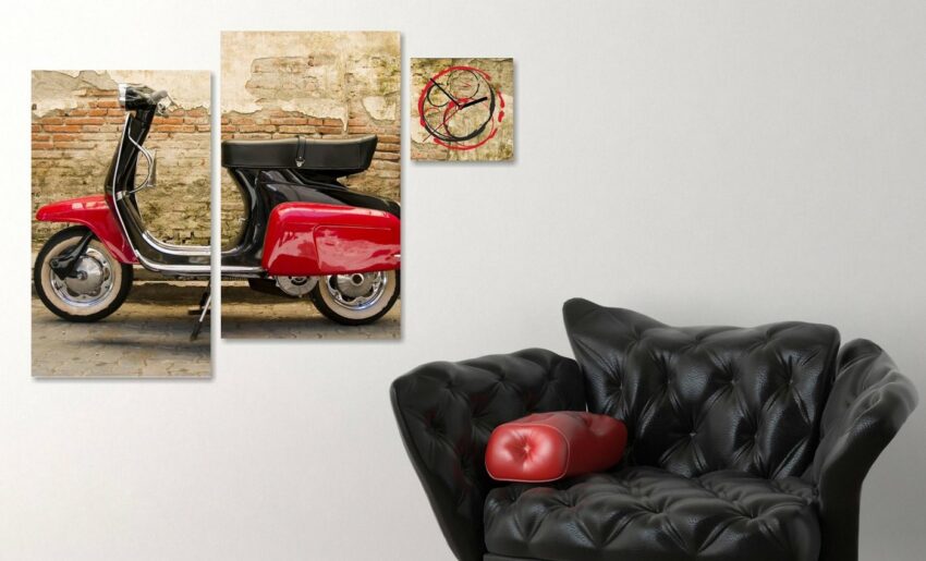 Conni Oberkircher´s Bild »Vintage Motorcycle - Vespa«, Fahrzeuge (Set), mit dekorativer Uhr, Roller, Motorrad, Oldtimer, Vintage-Bilder-Ideen für dein Zuhause von Home Trends
