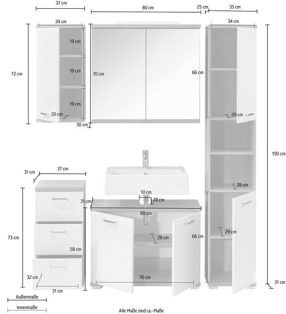 Homexperts Badmöbel-Set »Nusa«, (5-St), aus Spiegelschrank inkl. LED-Beleuchtung, Hochschrank, Waschbeckenunterschrank, Hängeschrank und Unterschrank, Badezimmerschrank mit Metallgriffen und MDF-Fronten in Hochglanz-Optik-Badmöbel-Sets-Inspirationen