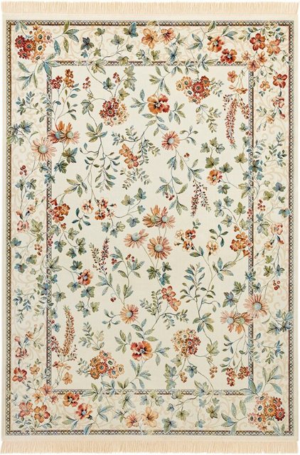 Teppich »Orient Flowers«, NOURISTAN, rechteckig, Höhe 5 mm, Teppich mit Fransen, Floral, Seiden Optik, Orient Design, Gekettelt, Wohnzimmer, Schlafzimmer, Robust, Pflegeleicht-Teppiche-Inspirationen
