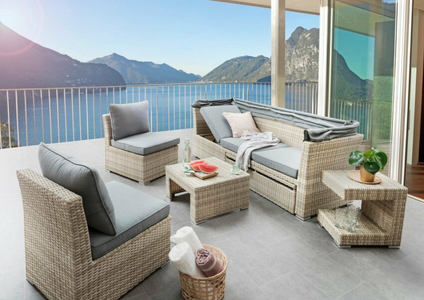 Destiny Gartenlounge-Set »ARUBA III«, (20-tlg), mit verstellbarem Tisch,beige meliert, Polster grau, pflegeleichtes, UV beständiges Polyrattan-Gartenmöbel-Sets-Ideen für dein Zuhause von Home Trends
