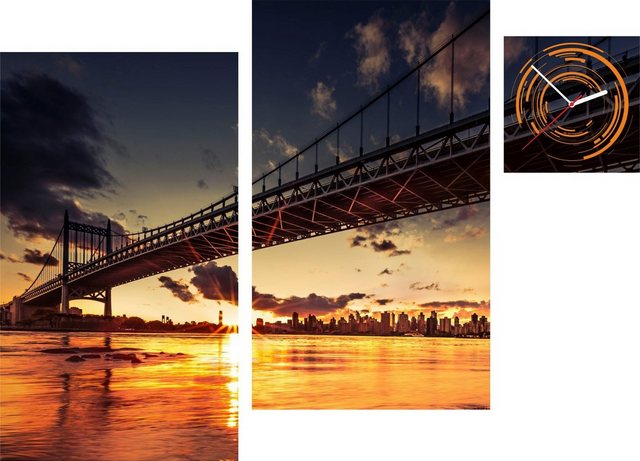 Conni Oberkircher´s Bild »Bridge Sunset - Brücke im Sonnenuntergang«, Brücken (Set), mit dekorativer Uhr, Skyline, Stadt, Fluss-Bilder-Inspirationen