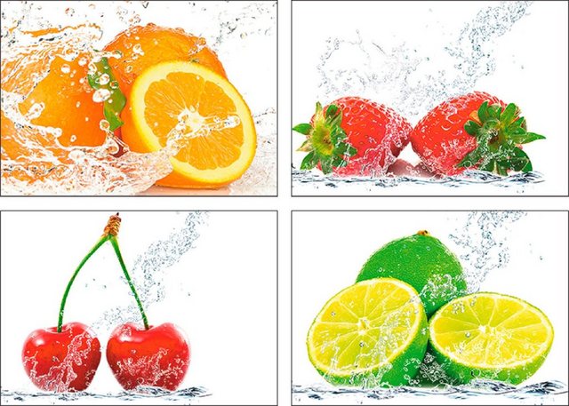 Artland Poster »Früchte mit Spritzwasser«, Lebensmittel (4 Stück), Poster, Wandbild, Bild, Wandposter-Bilder-Inspirationen