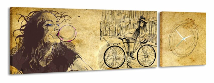 Conni Oberkircher´s Bild »Balloon Girl - Lässiges Mädchen mit Fahrrad«, Menschen (Set), mit dekorativer Uhr, Zeichnung, Grafik, Kaugummi, Cool-Bilder-Ideen für dein Zuhause von Home Trends