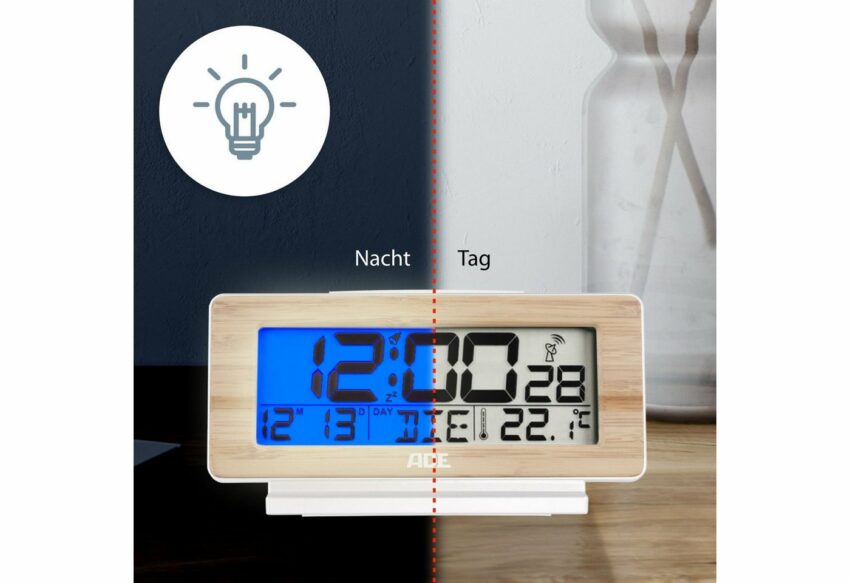 ADE Funkwecker »CK1940« digitaler Funk-Wecker, Bambus-Uhr mit Temperatur- und Wochentag-Anzeige und weißer Display-Beleuchtung, optimal als Tischuhr-Uhren-Ideen für dein Zuhause von Home Trends