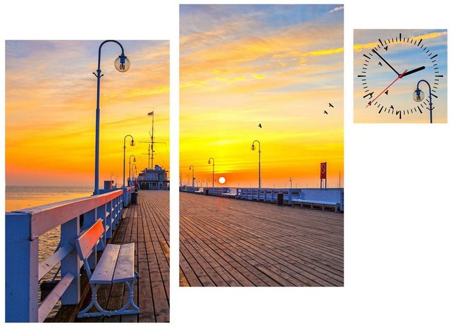 Conni Oberkircher´s Bild »Sunset Pier - Sonnenuntergang am Pier«, Sonnenuntergang (Set), mit dekorativer Uhr, Brücke, Steeg, Urlaub, Entspannung-Bilder-Inspirationen