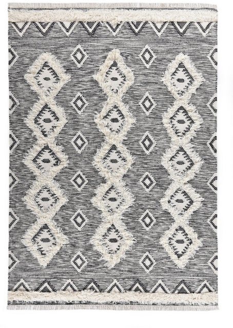 Wollteppich »Mora - 14019«, THEKO, rechteckig, Höhe 10 mm, reine Wolle, handgewebt, Rauten Design, mit Fransen-Teppiche-Inspirationen