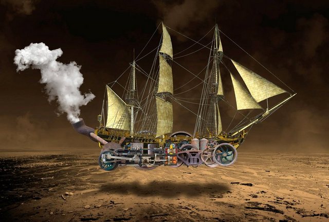 Papermoon Fototapete »Steampunk Segelschiff«, samtig, Vliestapete, hochwertiger Digitaldruck, inklusive Kleister-Tapeten-Inspirationen