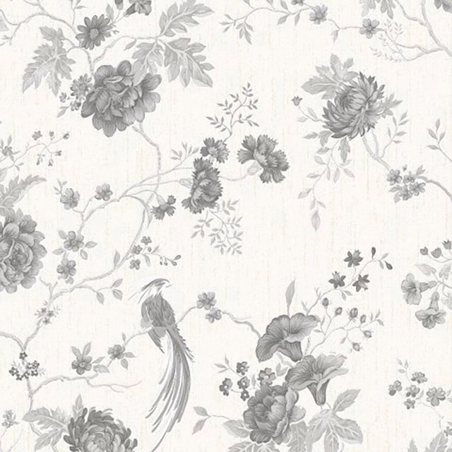 Vliestapete »Vogel & Blumen«, (1 St), Weiß/Silber - 10m x 52cm-Tapeten-Inspirationen