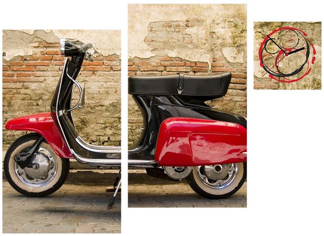Conni Oberkircher´s Bild »Vintage Motorcycle - Vespa«, Fahrzeuge (Set), mit dekorativer Uhr, Roller, Motorrad, Oldtimer, Vintage-Bilder-Inspirationen