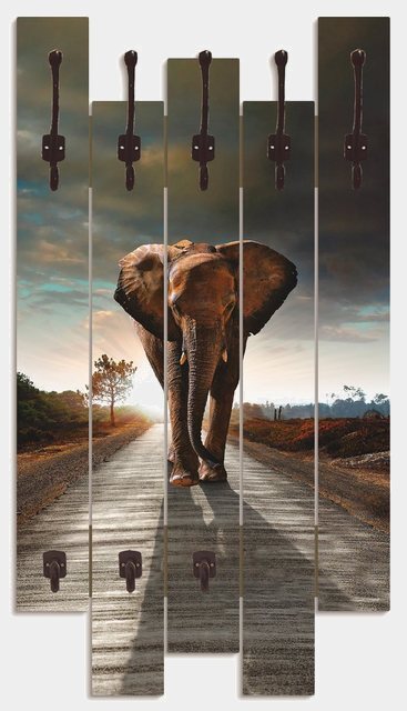 Artland Garderobenpaneel »Ein Elefant läuft auf der Straße«, platzsparende Wandgarderobe aus Holz mit 4 Haken, geeignet für kleinen, schmalen Flur, Flurgarderobe-Garderoben-Inspirationen