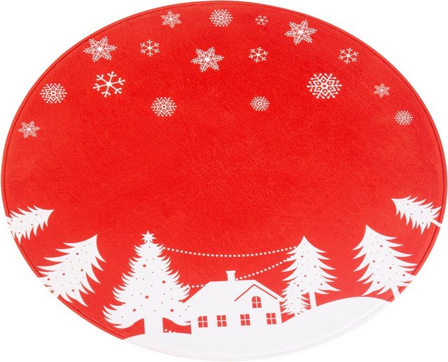 Baumteppich »Weihnachtsbaum Unterlage "Weihnachtsdorf"«, my home, rund, Höhe 15 mm, Ø 100 cm oder 120 cm, rot, mit Weihnachtsmotiv, dekorativer Bodenschutz, Weihnachtsdekoration-Teppiche-Inspirationen