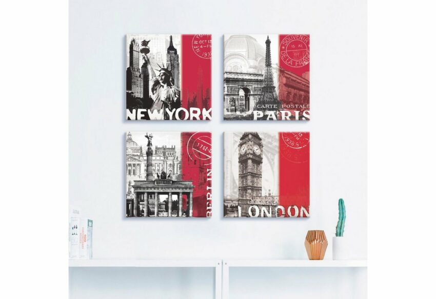 Artland Leinwandbild »New York Paris Berlin London_bordeauxrot«, Gebäude (4 Stück)-Bilder-Ideen für dein Zuhause von Home Trends