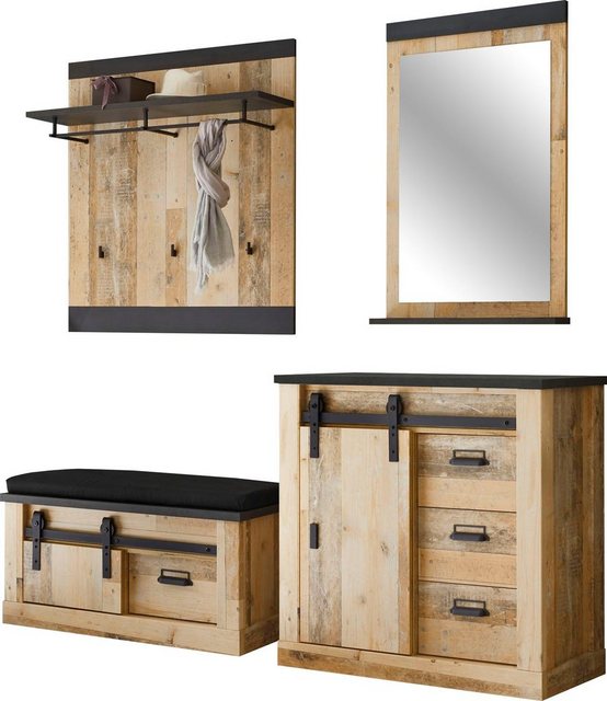 Premium collection by Home affaire Garderoben-Set »SHERWOOD«, (4-St), in modernem Holz Dekor, mit Scheunentorbeschlag und Apothekergriffen aus Metall, Breite ca. 206 cm-Garderoben-Inspirationen