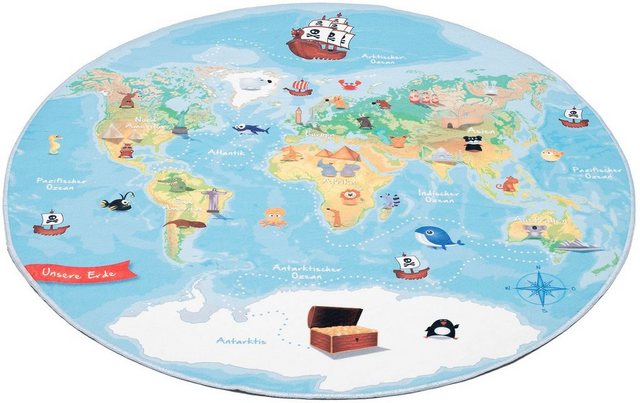 Kinderteppich »Weltkarte«, Böing Carpet, rund, Höhe 4 mm, bedruckt, waschbar, Kinderzimmer-Teppiche-Inspirationen