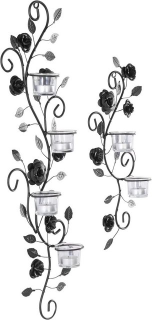 Home affaire Wandkerzenhalter »Blumenranke, schwarz« (2er-Set), Wandleuchter, Wanddeko, Wanddekoration, aus Metall, mit Used-Effekt, Wohnzimmer-Kerzenhalter-Inspirationen