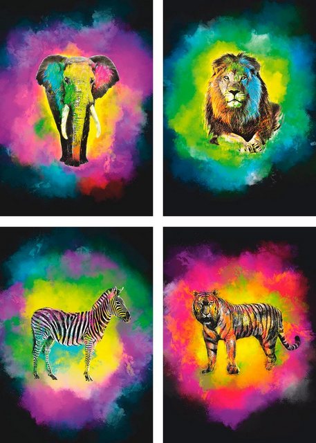 Artland Poster »Farbexplosion Elefant Löwe Zebra Tiger«, Wildtiere (4 Stück), Poster, Wandbild, Bild, Wandposter-Bilder-Inspirationen