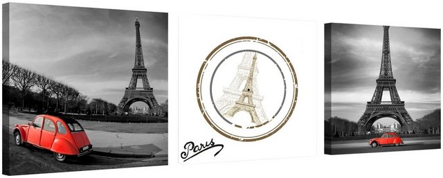 Conni Oberkircher´s Bild »Eiffel Paris - Eifelturm & Auto«, Paris (Set), mit dekorativer Uhr, Sehenswürdigkeiten-Bilder-Inspirationen