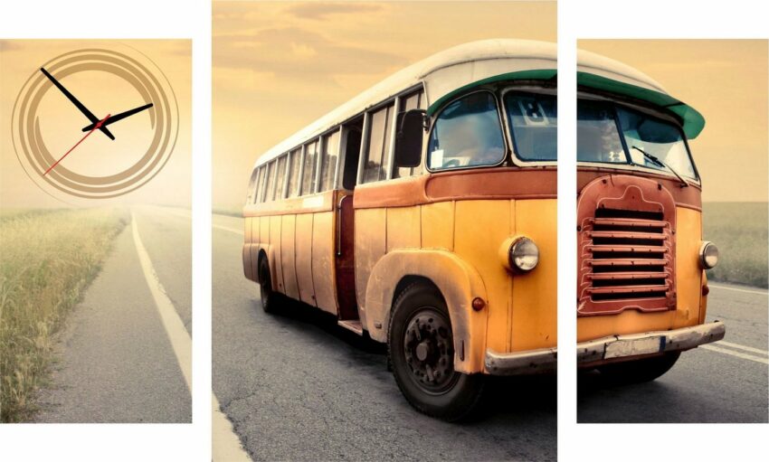 Conni Oberkircher´s Bild mit Uhr »Retro Bus«, Busse (Set), mit dekorativer Uhr, Vintage, Reisen, Sonnenuntergang-Bilder-Ideen für dein Zuhause von Home Trends
