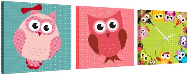 Conni Oberkircher´s Bild »Colours Owl - bunte Eulen«, Eulen (Set), mit dekorativer Uhr, Kinderbild, Waldtiere-Bilder-Inspirationen