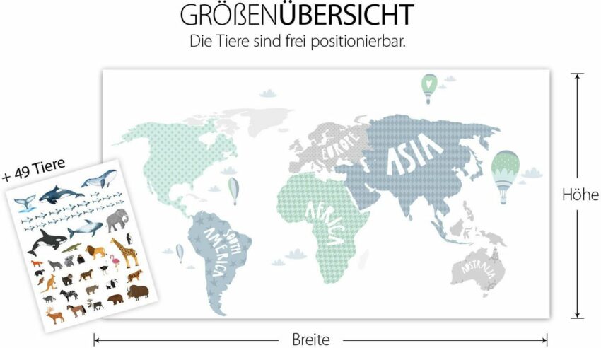 little DECO Wandtattoo »Little Deco Wandtattoo Weltkarte mit Tieren grau blau grün DL130«-Wandtattoos-Ideen für dein Zuhause von Home Trends