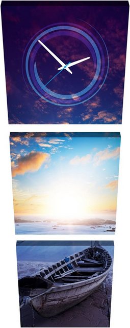 Conni Oberkircher´s Bild mit Uhr »Blue and violet Boat - Verlassenes Boot am Strand«, Boote & Schiffe (Set), mit dekorativer Uhr, Sonnenuntergang, Urlaub-Bilder-Inspirationen