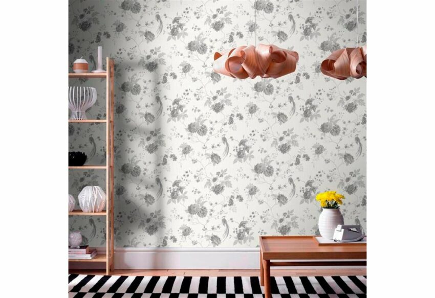Vliestapete »Vogel & Blumen«, (1 St), Weiß/Silber - 10m x 52cm-Tapeten-Ideen für dein Zuhause von Home Trends