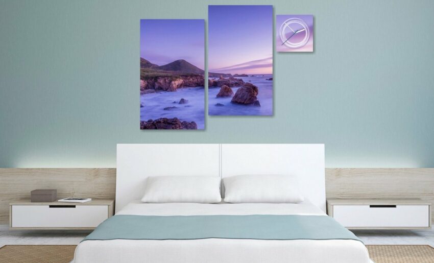 Conni Oberkircher´s Bild »Violet Stones - Felsen im Meer«, Landschaften (Set), mit dekorativer Uhr, Küste, Nebel, Entspannung-Bilder-Ideen für dein Zuhause von Home Trends