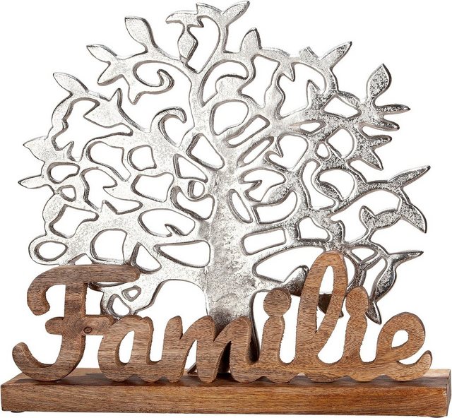 GILDE Dekofigur »Lebensbaum Familie, silber« (1 Stück), Dekoobjekt, Höhe 41 cm, mit Schriftzug, aus Metall & Holz, Wohnzimmer-Figuren-Inspirationen