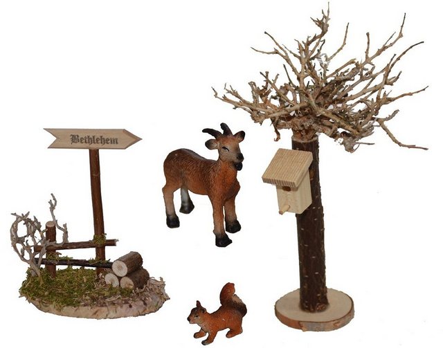 Alfred Kolbe Krippen-Zubehör (Set, 4tlg), Bethlehemschild, Baum mit Vogelhaus, inkl. Ziege und Eichhörnchen-Figuren-Inspirationen