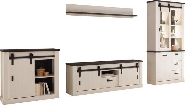 Premium collection by Home affaire Wohnwand »SHERWOOD«, (4-St), in modernem Holz Dekor, mit Scheunentorbeschlag und Apothekergriffen aus Metall, Breite ca. 388 cm-Wohnwände-Inspirationen