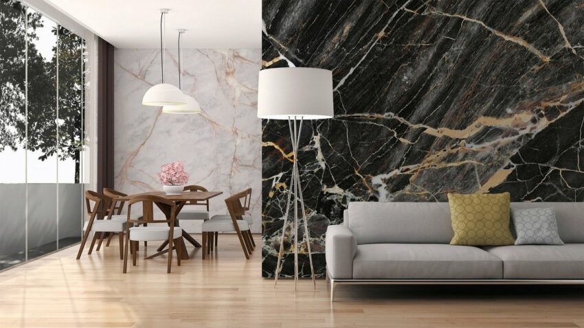 living walls Fototapete »Designwalls Black gelb Marble«, glatt, (5 St)-Tapeten-Ideen für dein Zuhause von Home Trends